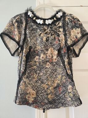 Bottega Veneta Floral Mesh Short-Sleeve Top with Embellished Neckline